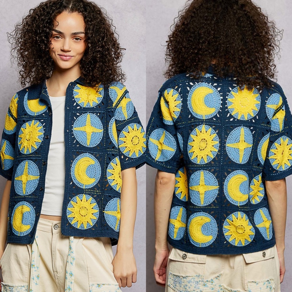 NEW POL Crochet Star Moon Button Front Top Boho Celestial Festival OS